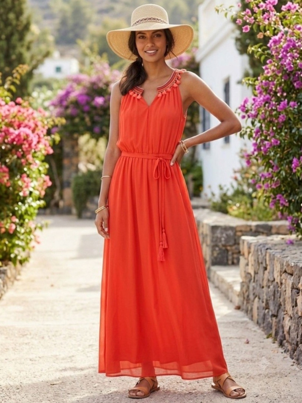 Lane Bryant Coral-Orange Sleeveless Maxi Dress with Tassel Tie. Size 22